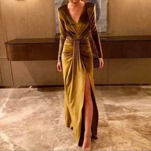 Gold deep v neck long velvet dress with slit